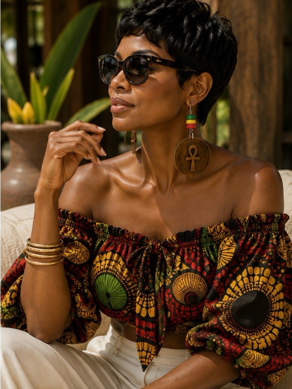 Handcrafted Green Yellow Red and Wood Ankh Drop Earrings - Picture 2 of 8